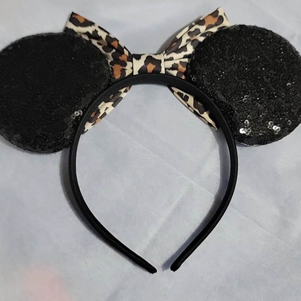 🍎New Leopard Print Bow Black Sequin Mickey & Minnie Mouse Ears Headband Disney